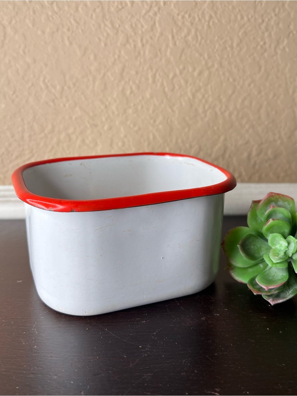 Vintage 1950s Enamelware Basin, White Enamel with Red Rim, Farmhouse Catchall
